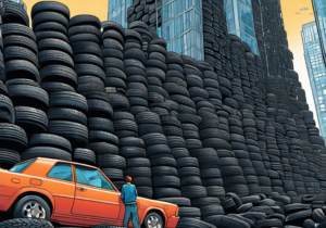 cartoon-car-tires-racks-skyscrapers